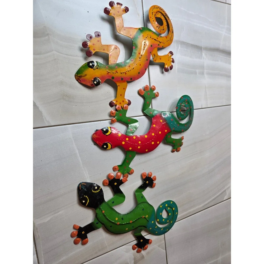 Set of 3 Colorful Metal Gecko Wall Art Hand Painted Lizard Garden Decor 13‎ Inch